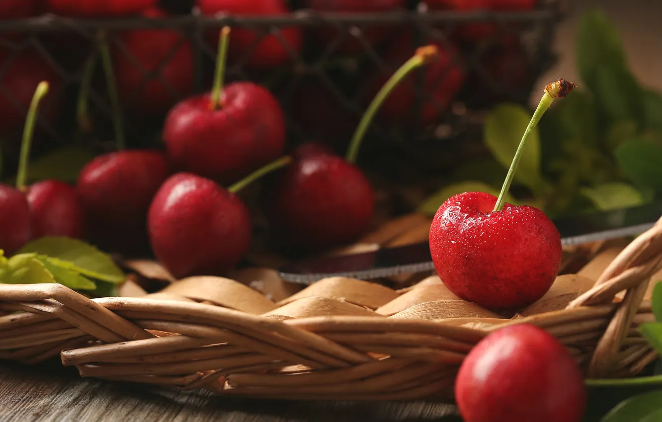 Photo wallpaper macro, red, cherry, berries