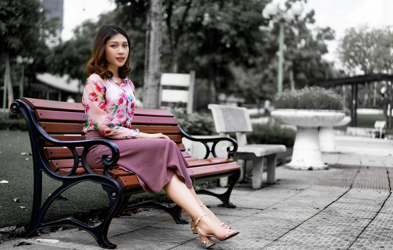 Photo wallpaper look, girl, skirt, blouse, Asian, bench