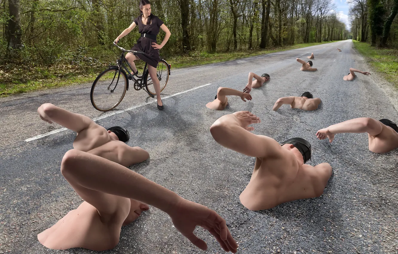 Photo wallpaper road, bike, swimmers