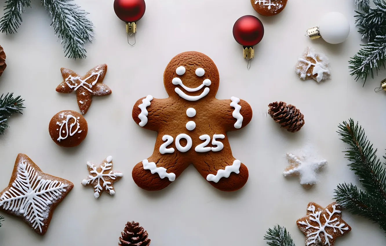 Photo wallpaper snowflakes, new year, men, cookies, figures, white background, needles, bumps
