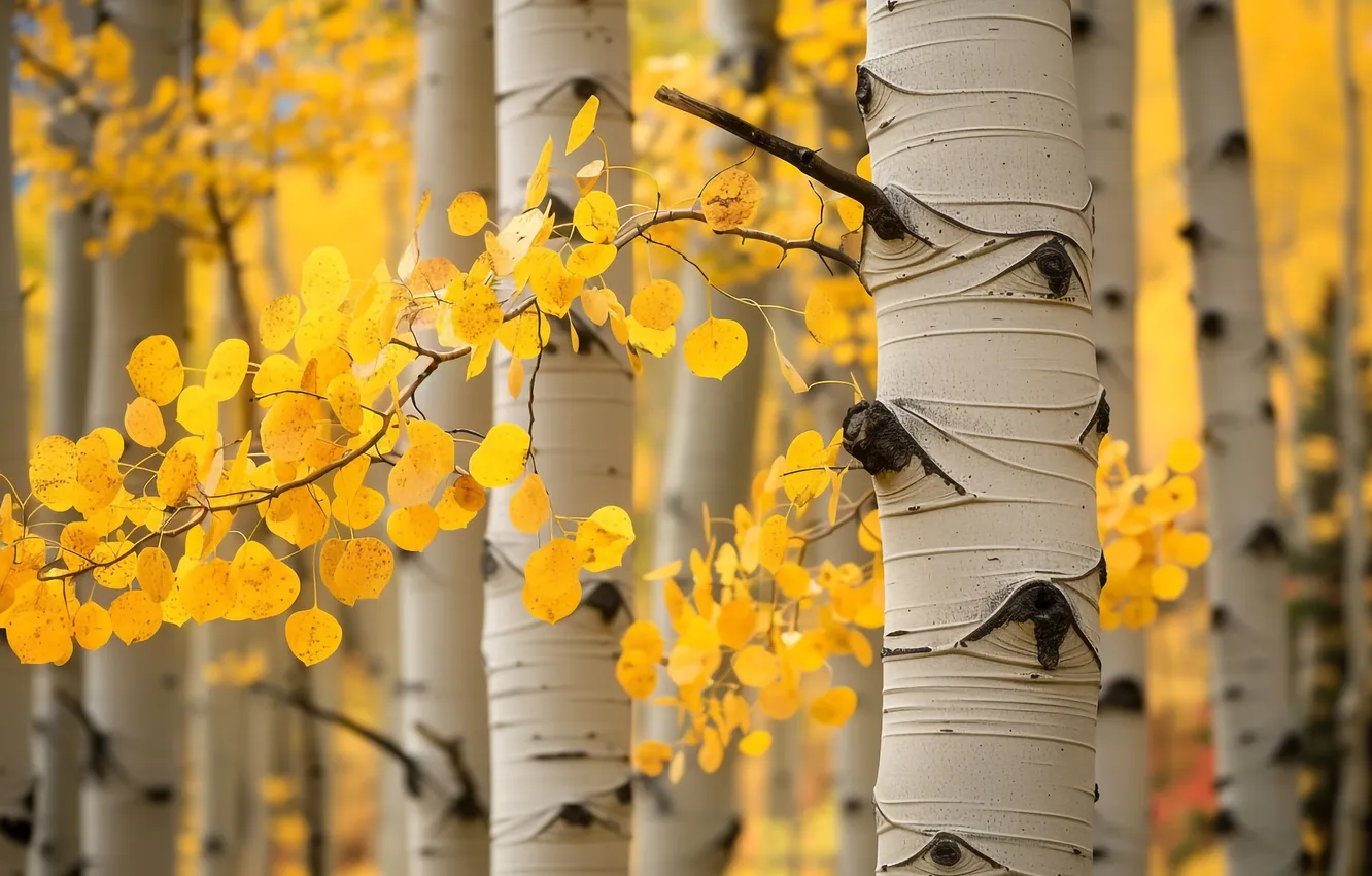 Photo wallpaper autumn, forest, trees, branches, nature, foliage, yellow leaves, trunk