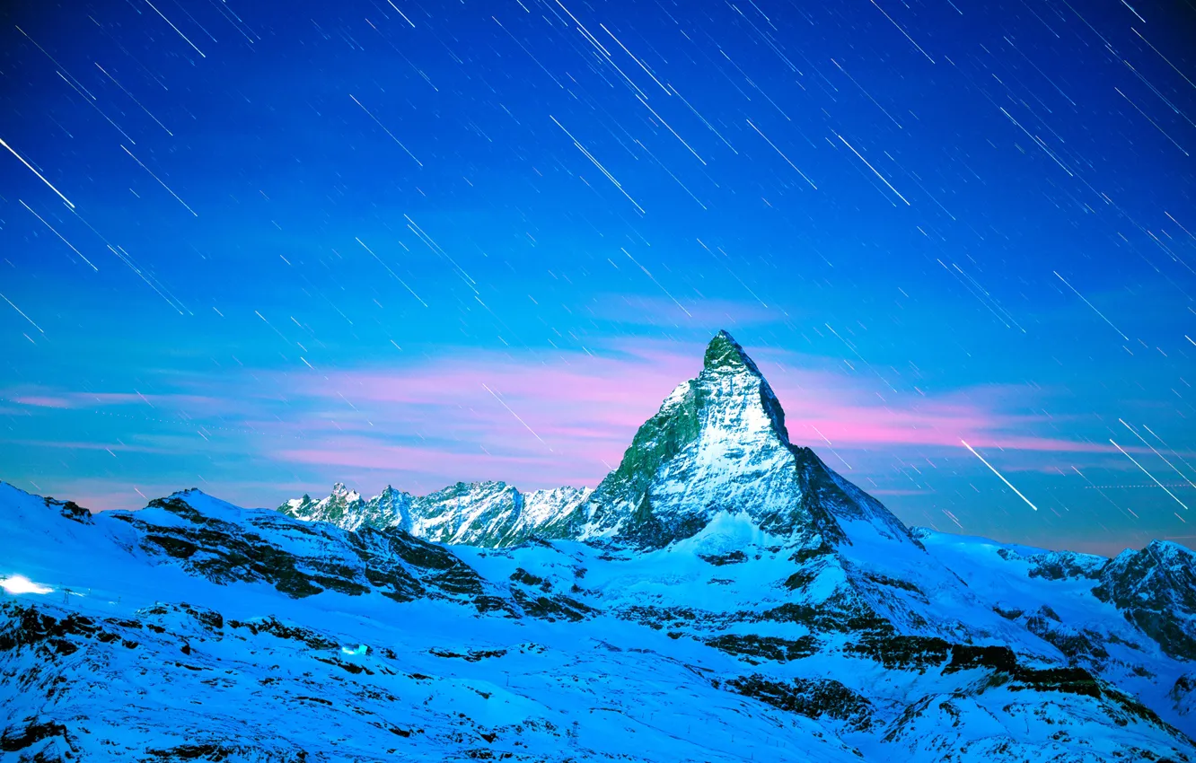 Photo wallpaper winter, stars, mountains, night