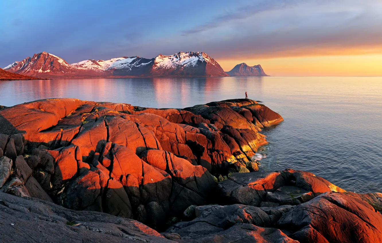 Photo wallpaper sea, the sky, the sun, snow, mountains, stones, rocks, dawn