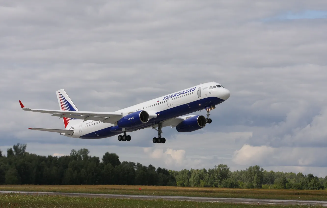 Photo wallpaper the plane, passenger, Tupolev, Runway takeoff, Transaero, a medium-haul, The -214