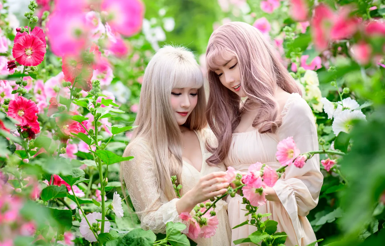 Photo wallpaper leaves, girl, flowers, pose, smile, together, makeup, garden