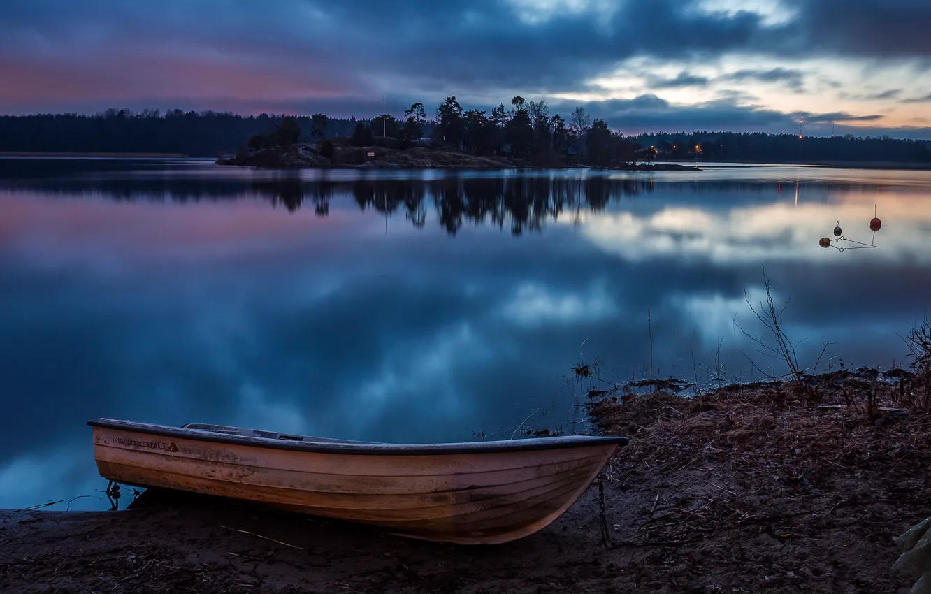 Photo wallpaper forest, sunset, lights, river, shore, boat, the evening, Sweden
