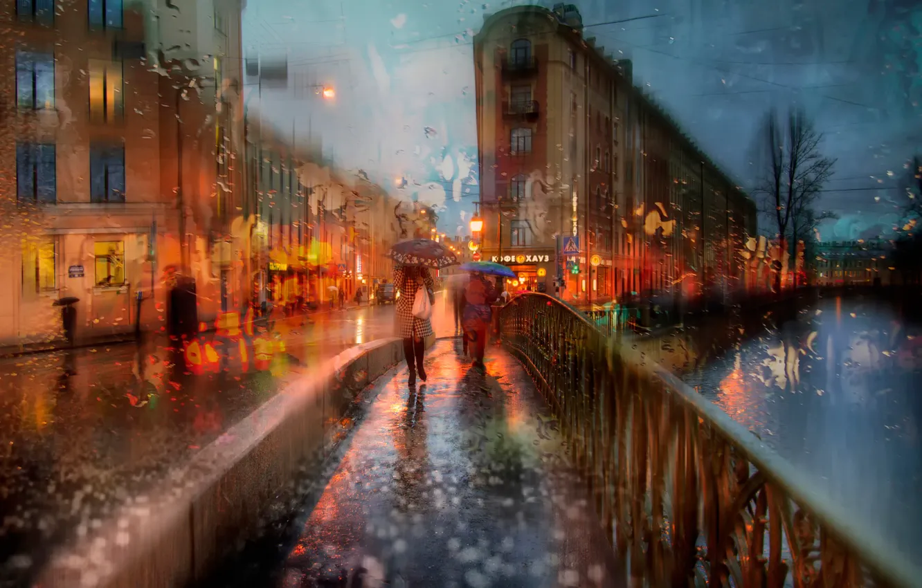 Photo wallpaper autumn, girl, rain, umbrella, Peter, St Petersburg
