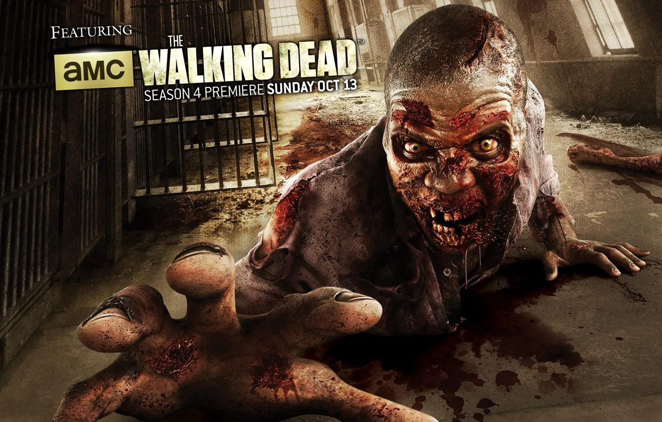 Photo wallpaper zombie, blood, biohazard, man, series, prison, yellow eyes, The Walking Dead