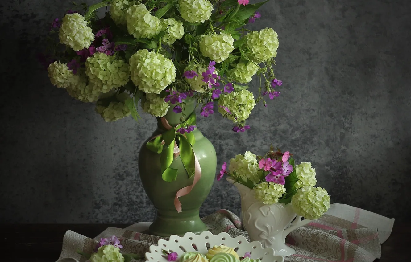 Photo wallpaper flowers, towel, vase, still life, dessert, napkin, dish, hydrangea