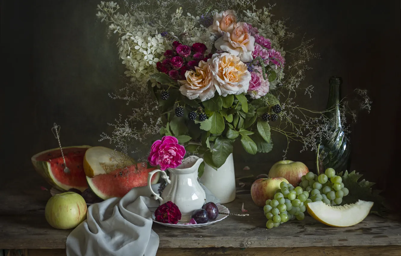 Photo wallpaper summer, flowers, beauty, watermelon, grapes, vase, fruit, Zimina Lionella