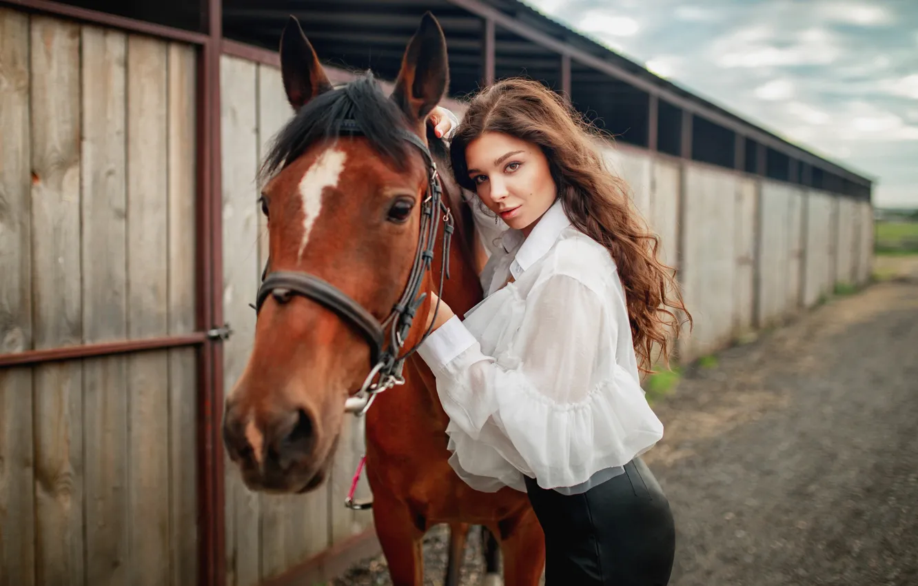 Photo wallpaper look, model, horse, portrait, makeup, hairstyle, blouse, brown hair