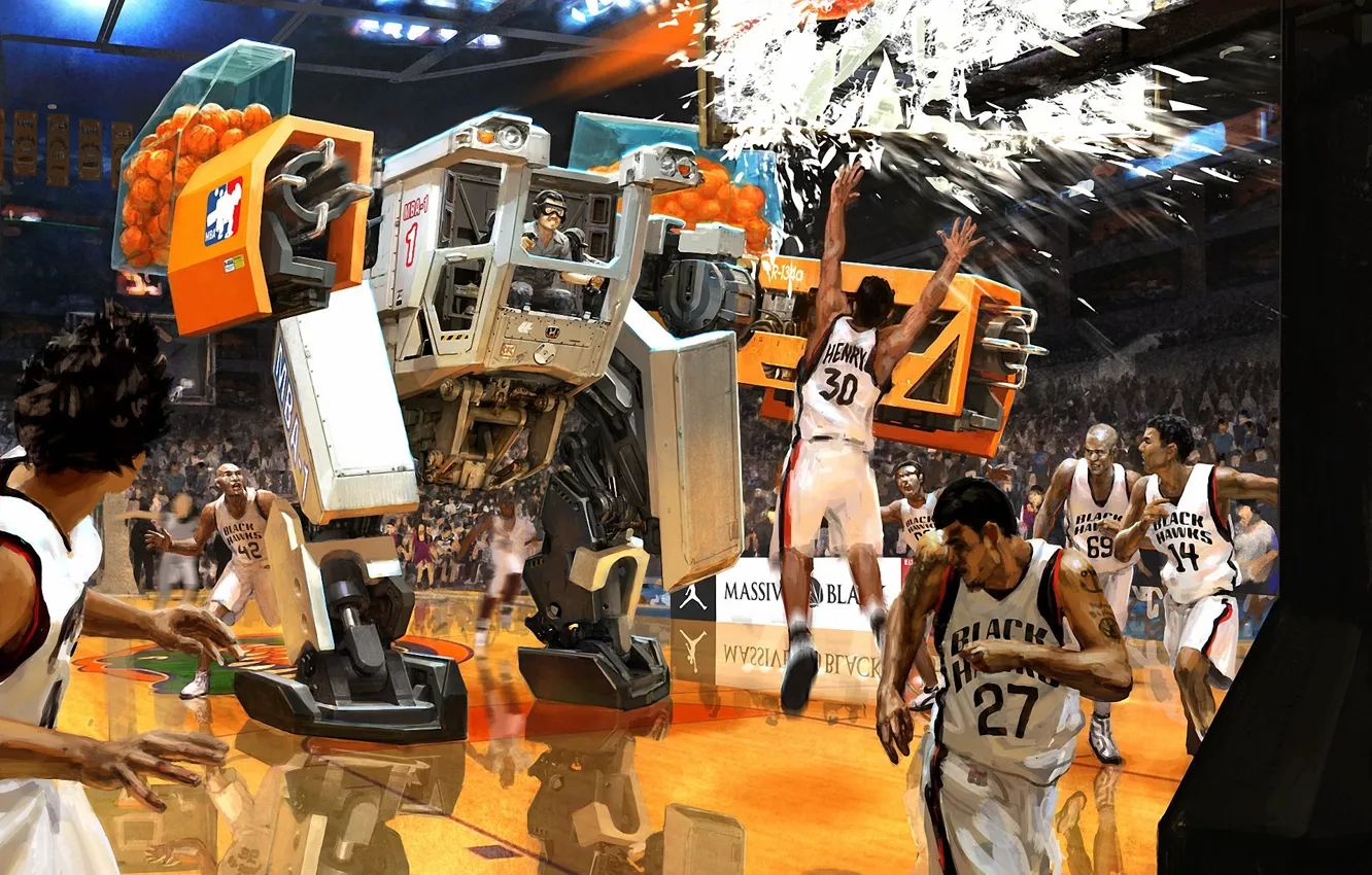 Photo wallpaper machine, fragments, the game, robot, balls, art, basketball, broken