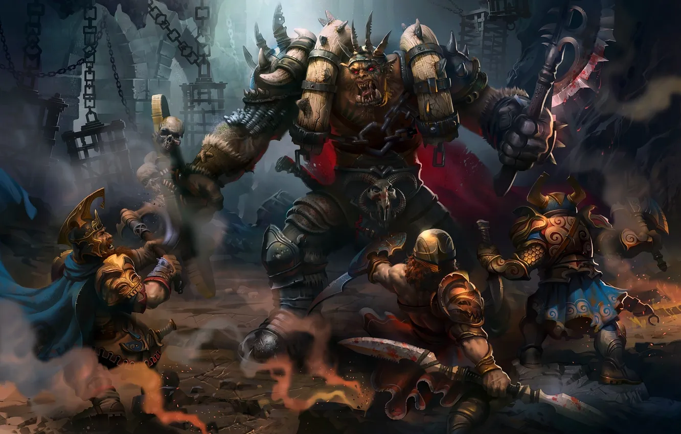 Photo wallpaper weapons, people, monster, cell, art, battle, Orc, dungeon