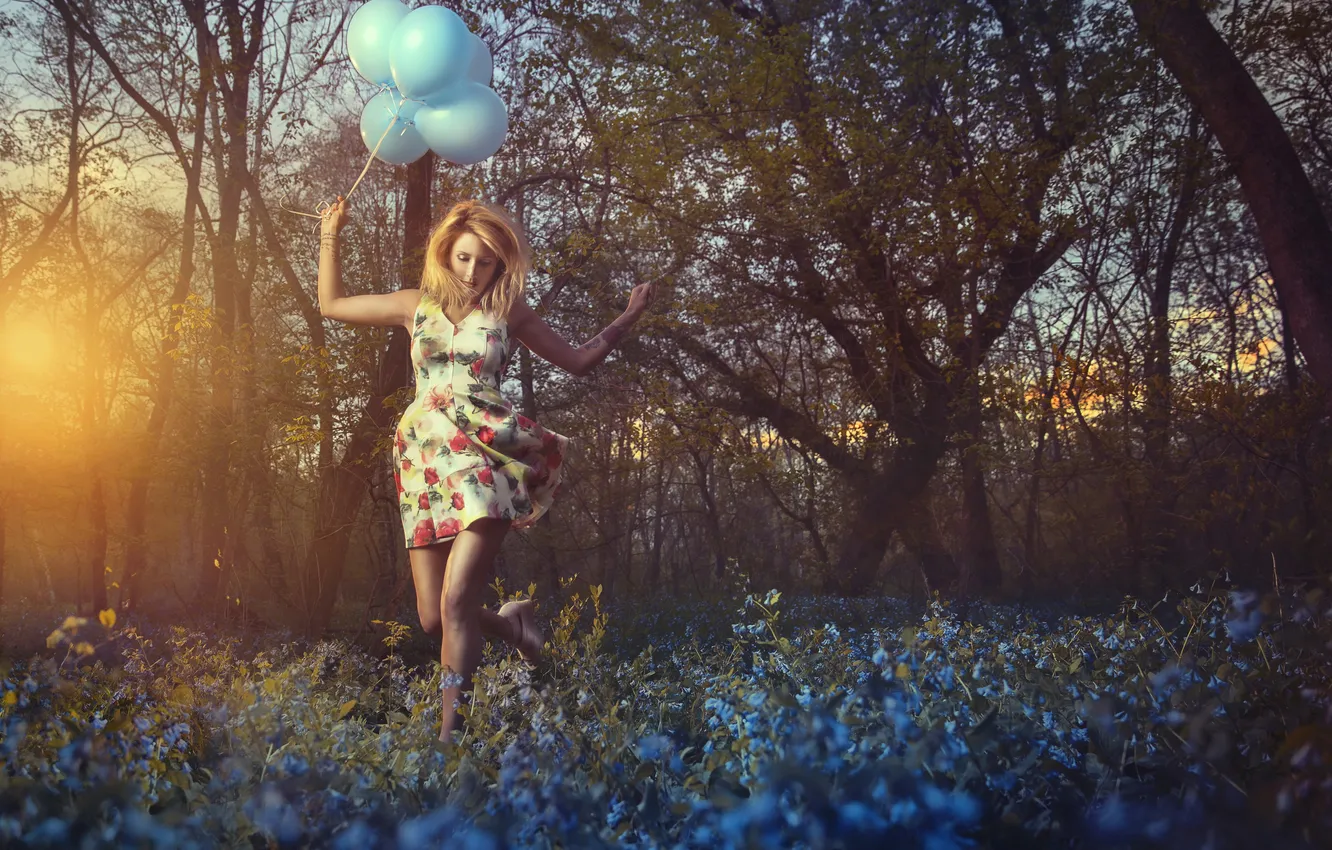 Photo wallpaper forest, girl, balls