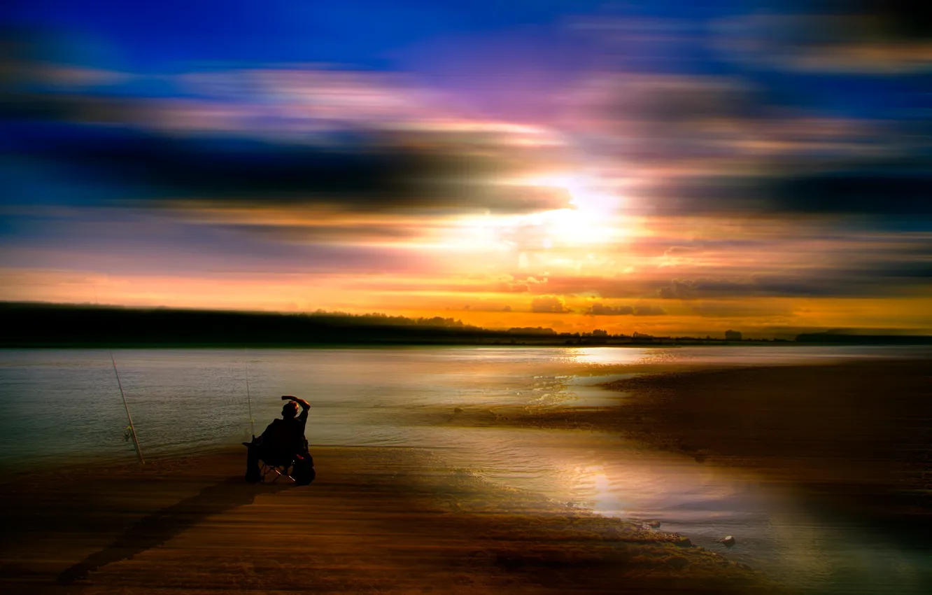 Photo wallpaper sunset, nature, river, fishing