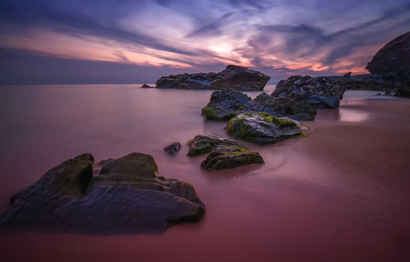 Photo wallpaper beach, rocks, the evening, UK, Wales, Cornwall