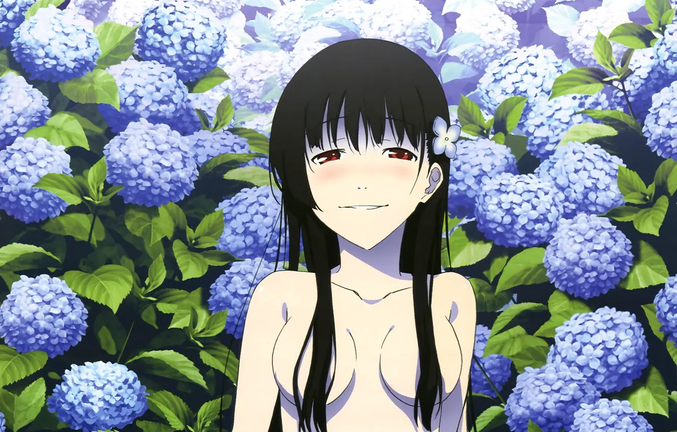 Photo wallpaper smile, blue, zombies, blush, red eyes, hydrangea, black hair, Sankarea