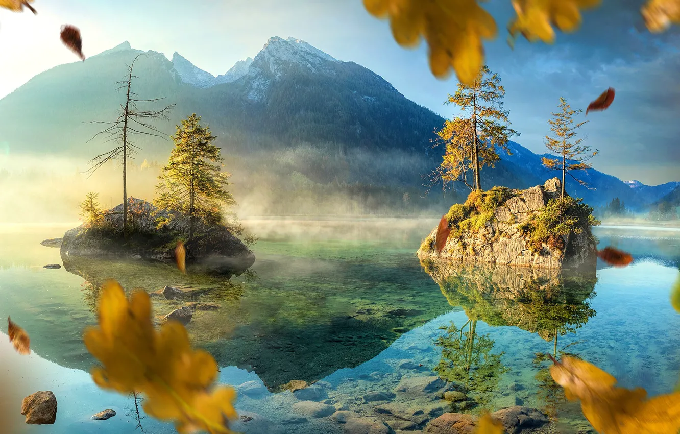 Photo wallpaper autumn, leaves, trees, landscape, mountains, nature, lake, rocks