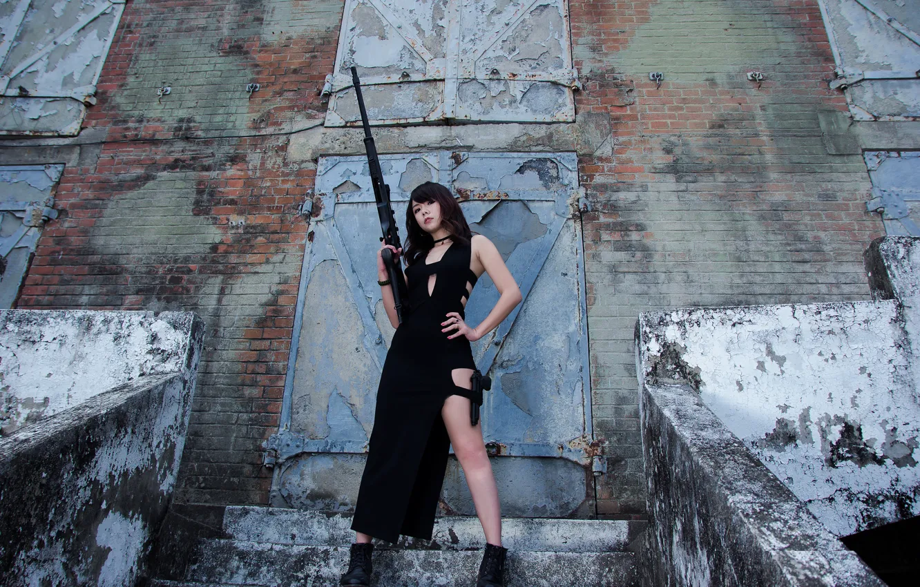Photo wallpaper girl, pose, gun, steps, legs, rifle