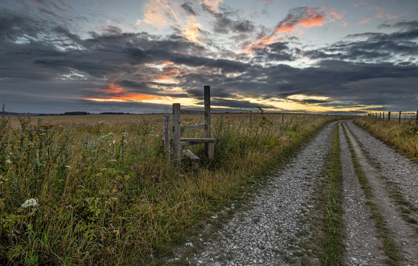 Photo wallpaper road, field, sunset