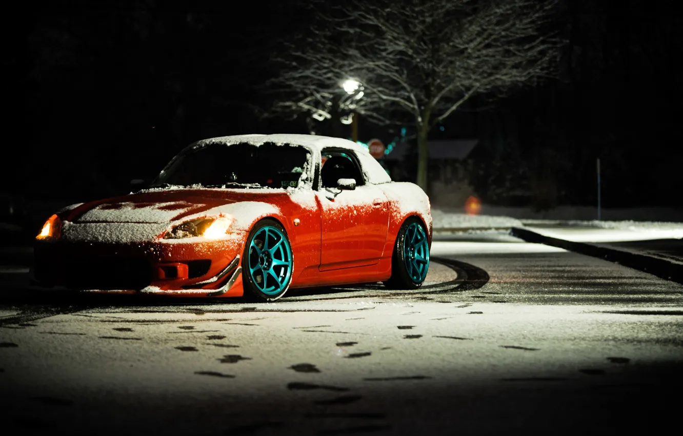 Photo wallpaper winter, night, honda, red, Honda, tuning, s2000