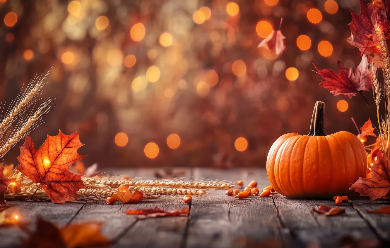 Photo wallpaper autumn, lights, foliage, Board, texture, pumpkin, ears, bokeh