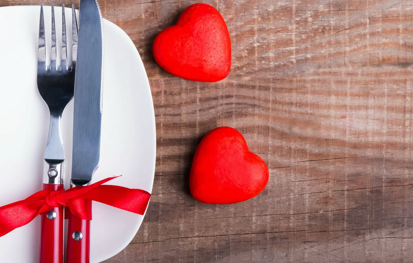 Photo wallpaper knife, hearts, love, plug, bow, heart, romantic, serving