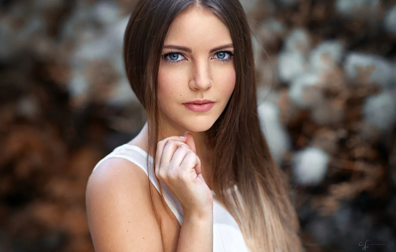 Photo wallpaper look, pose, model, portrait, hands, makeup, hairstyle, brown hair