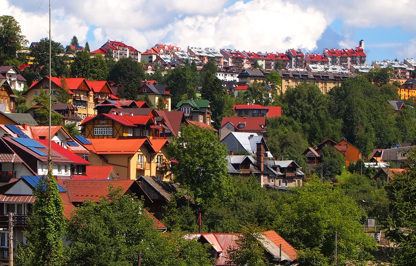 Photo wallpaper roof, the sky, trees, home, slope