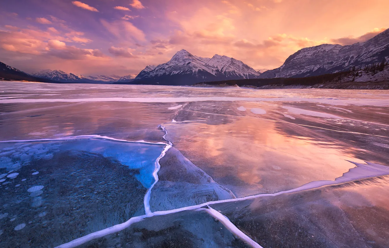 Photo wallpaper ice, the sky, clouds, sunset, mountains, lake