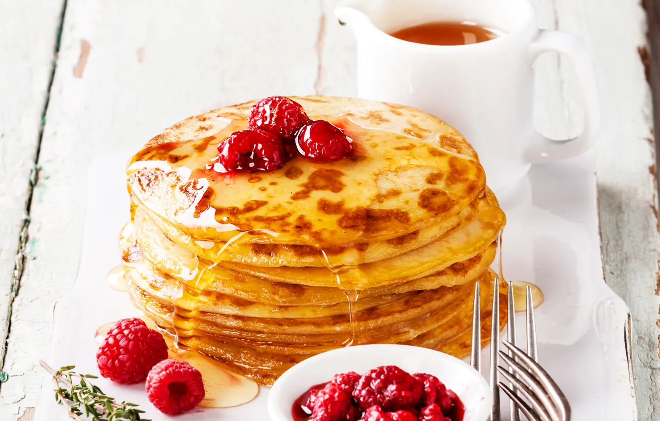 Photo wallpaper raspberry, tea, honey, honey, pancakes, cakes, jam, raspberry