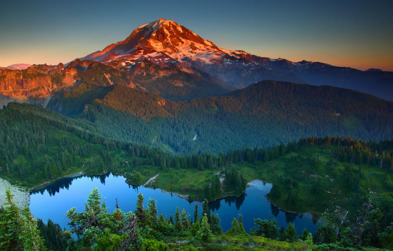 Photo wallpaper landscape, sunset, mountains, nature, lake, hills, USA, forest
