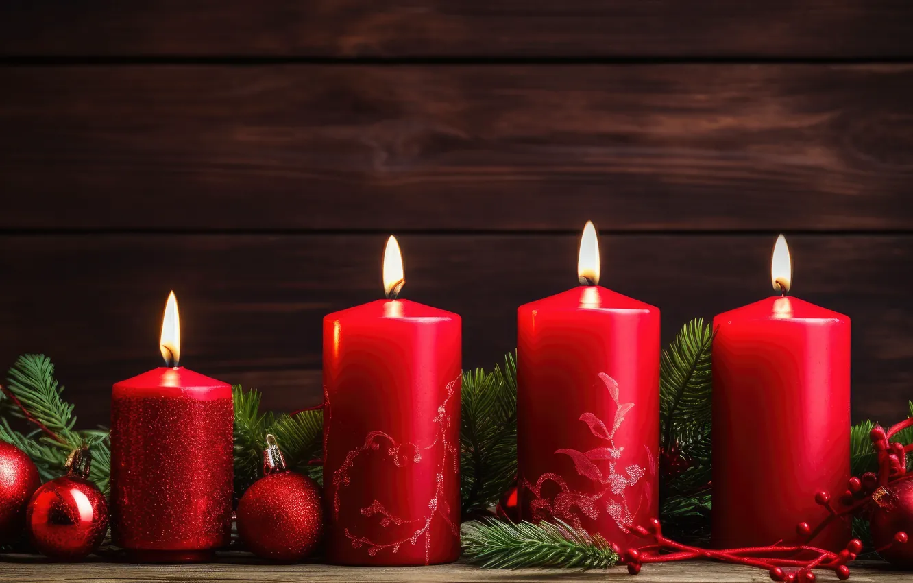Photo wallpaper balls, branches, flame, Board, candles, Christmas, red, New year