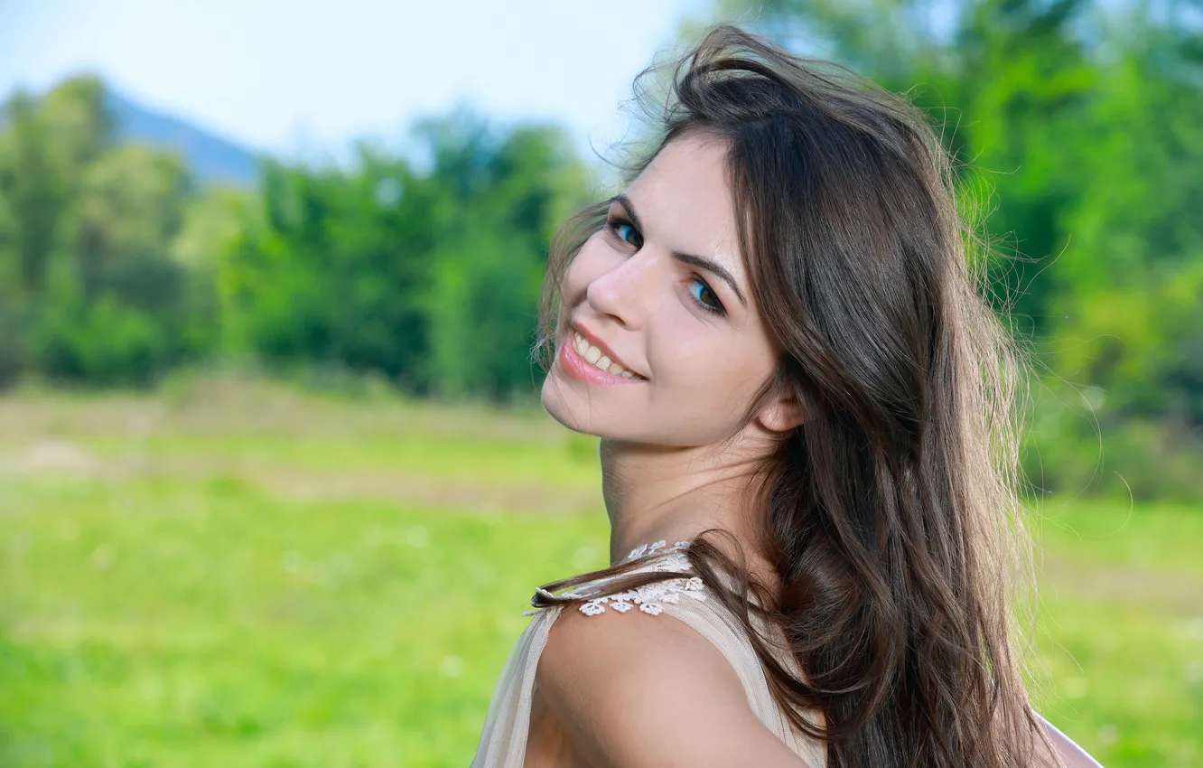 Photo wallpaper long hair, model, brunette, gorgeous, posing, beautiful face, outdoors, pretty eyes