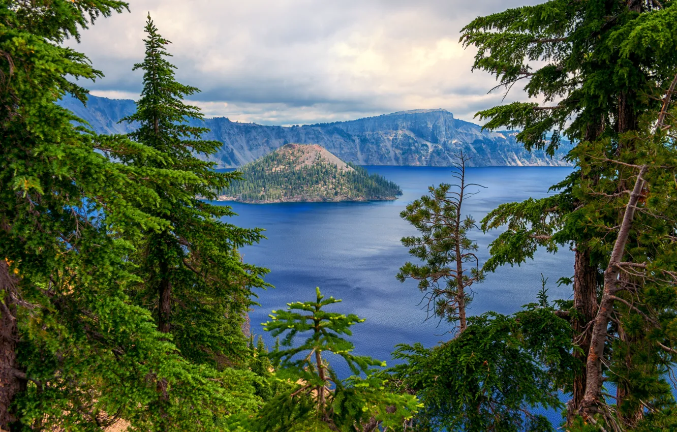 Photo wallpaper clouds, trees, lake, stones, rocks, USA, crater, island