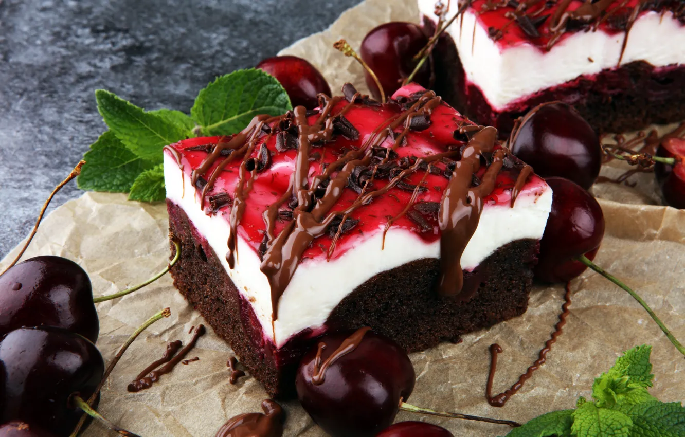 Photo wallpaper cherry, berries, chocolate, cake, mint, cakes