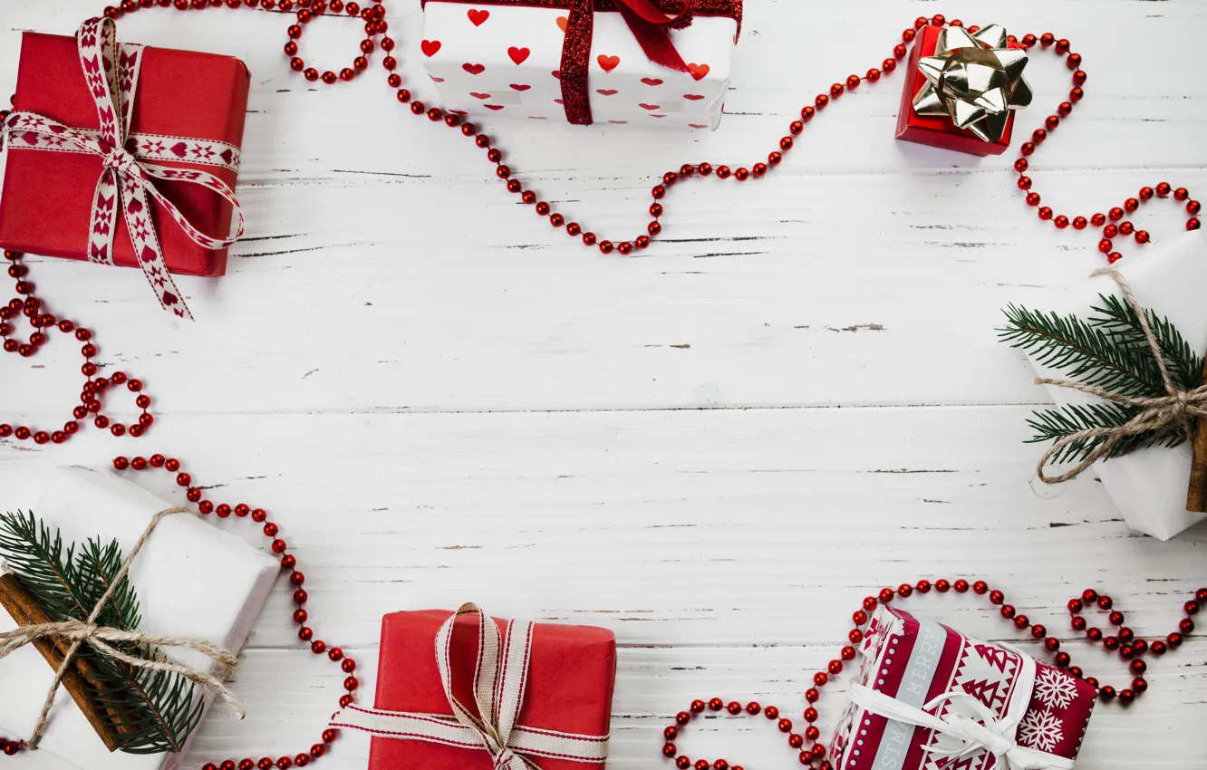 Photo wallpaper white, background, holiday, gift, new year, wood, decor