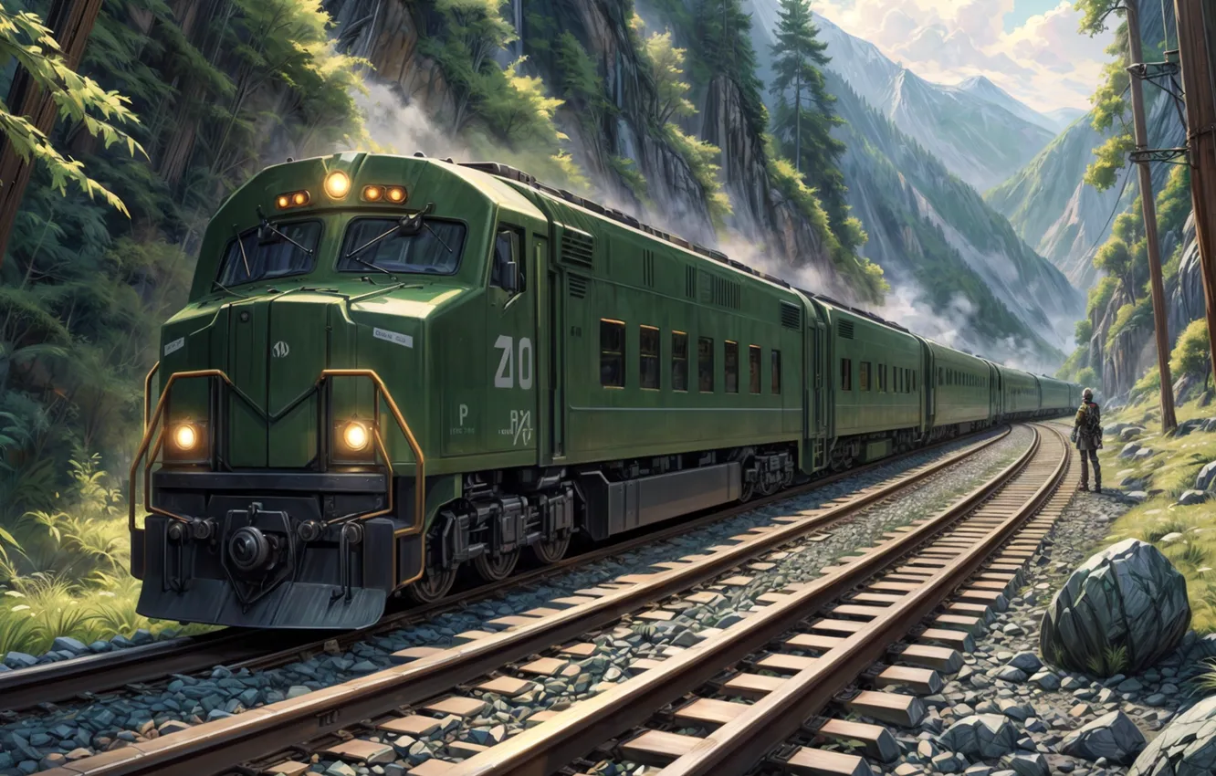 Photo wallpaper train, artwork, Mountain Pass, AI Art, rail yard