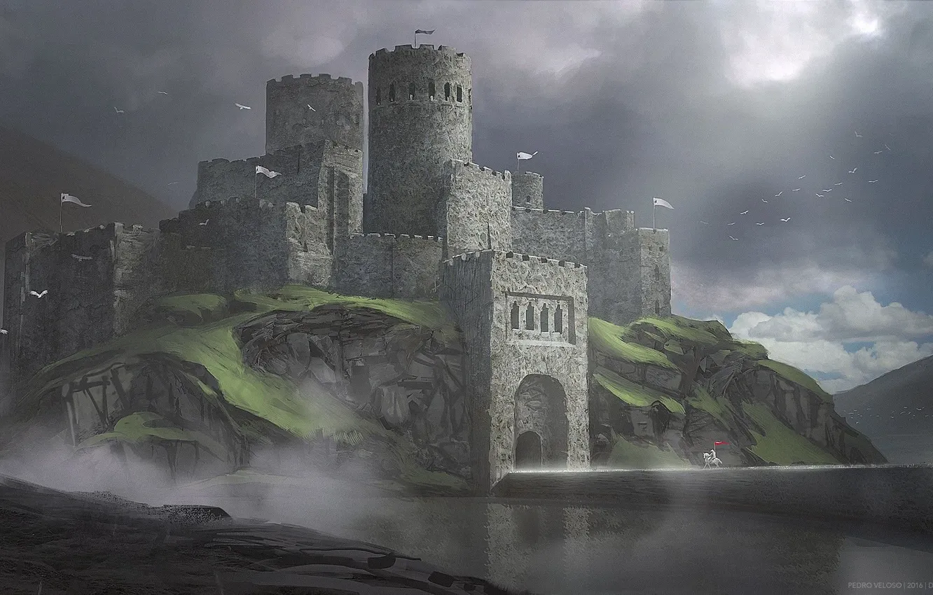 Photo wallpaper bridge, art, fog, castle