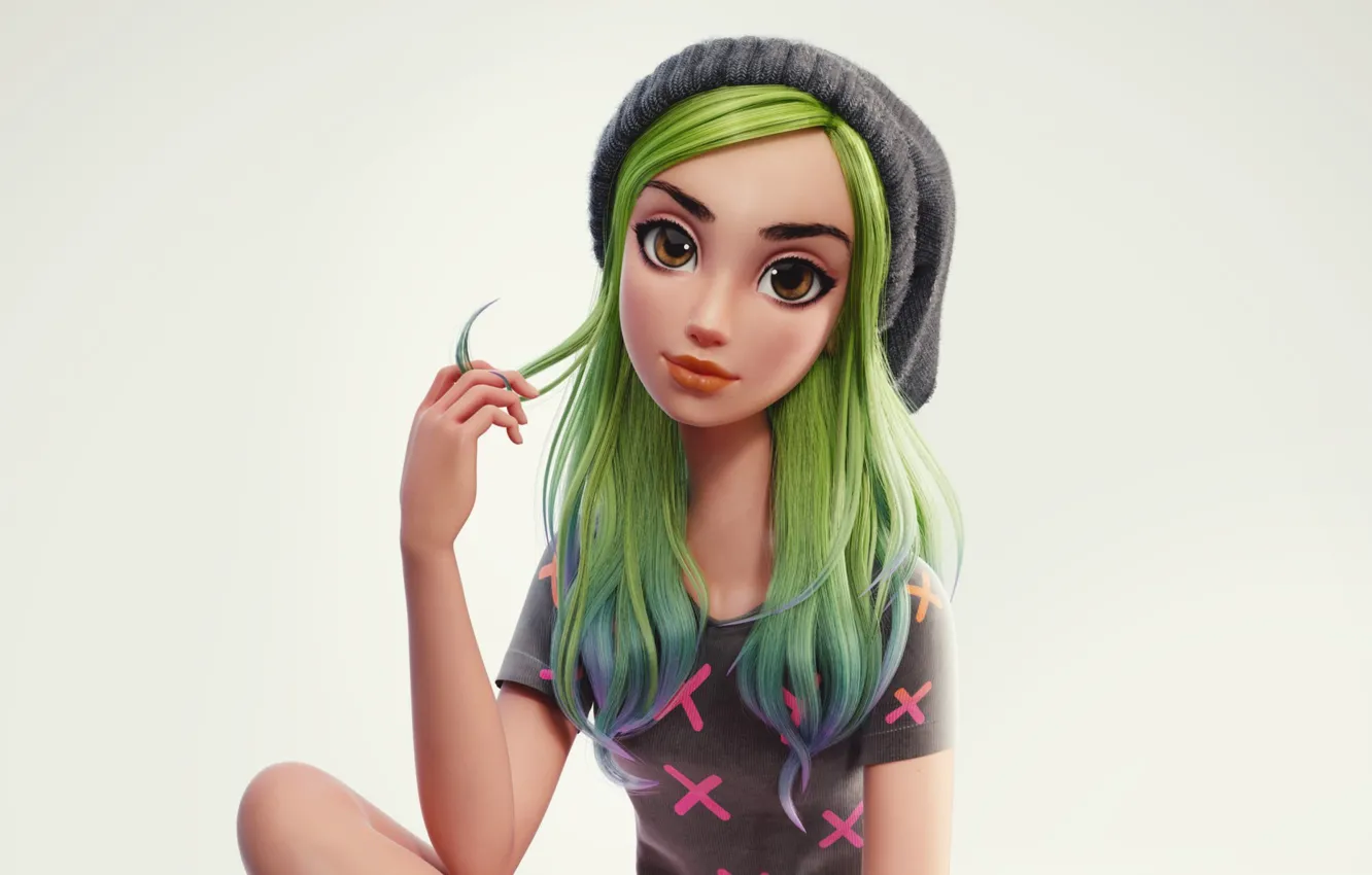 Photo wallpaper hat, hand, girl, grey background, green hair, art, big eyes, knitted