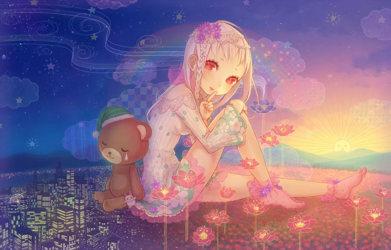 Photo wallpaper stars, clouds, flowers, mountains, night, the city, dawn, toy