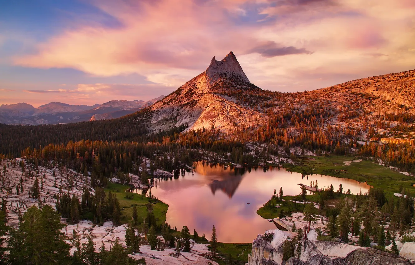 Photo wallpaper the sky, trees, lake, mountain, CA, USA, Yosemite National Park