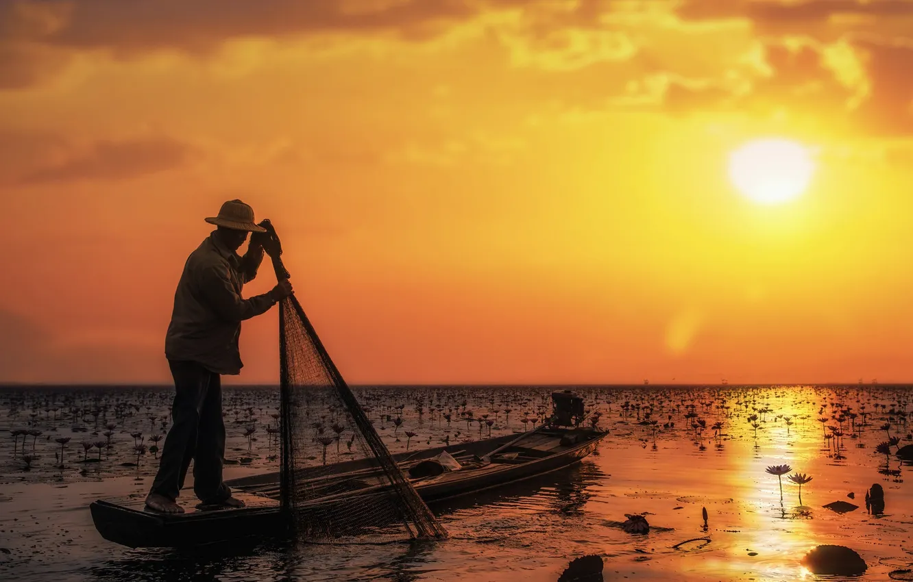 Photo wallpaper summer, the sun, flowers, lake, fisherman, hat, solar, Canoeing