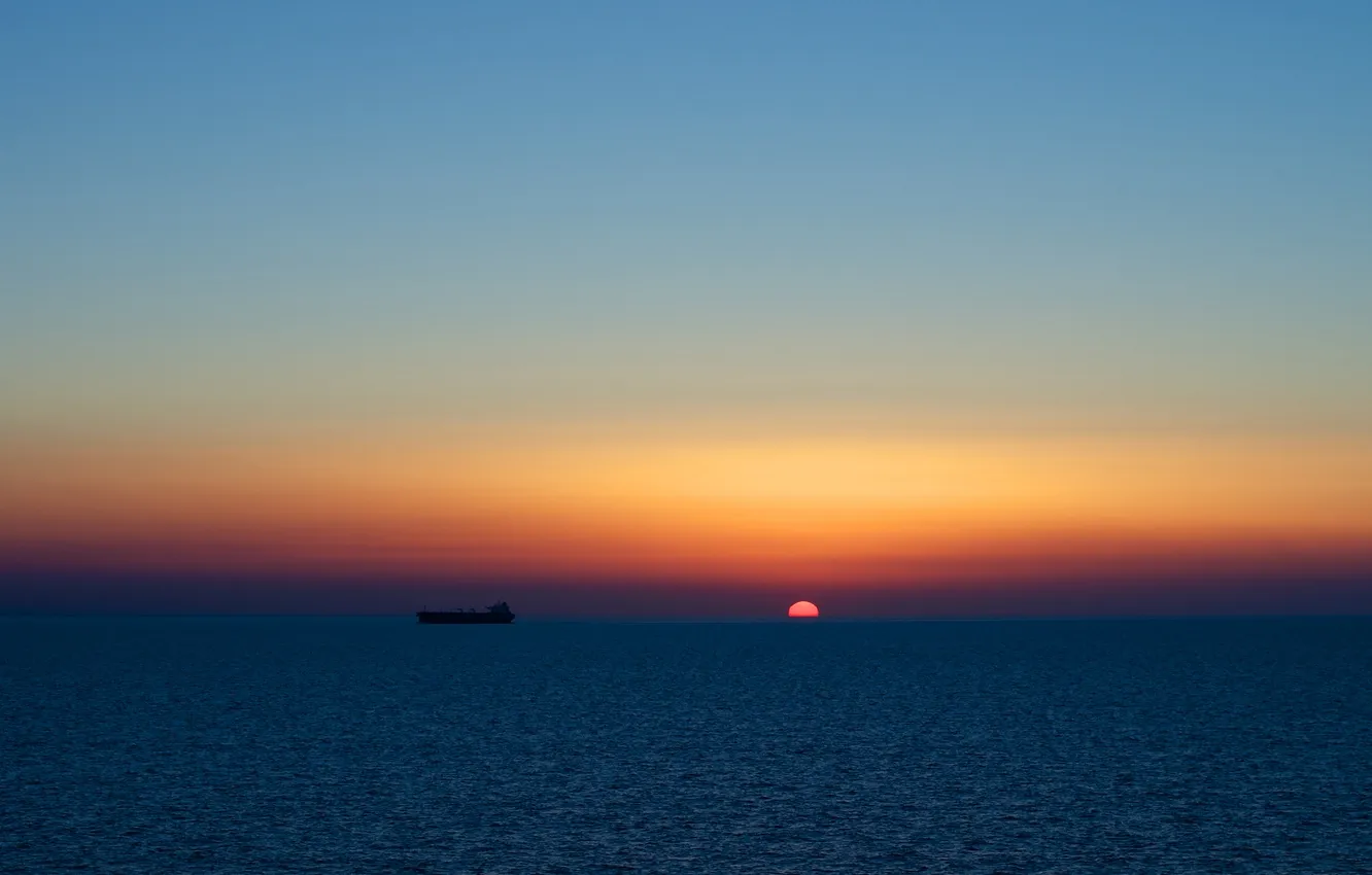Photo wallpaper sea, the sun, sunset, ship, tanker, drives, the cargo ship