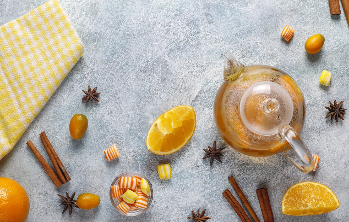 Photo wallpaper glass, table, tea, orange, kettle, candy, the tea party, dishes