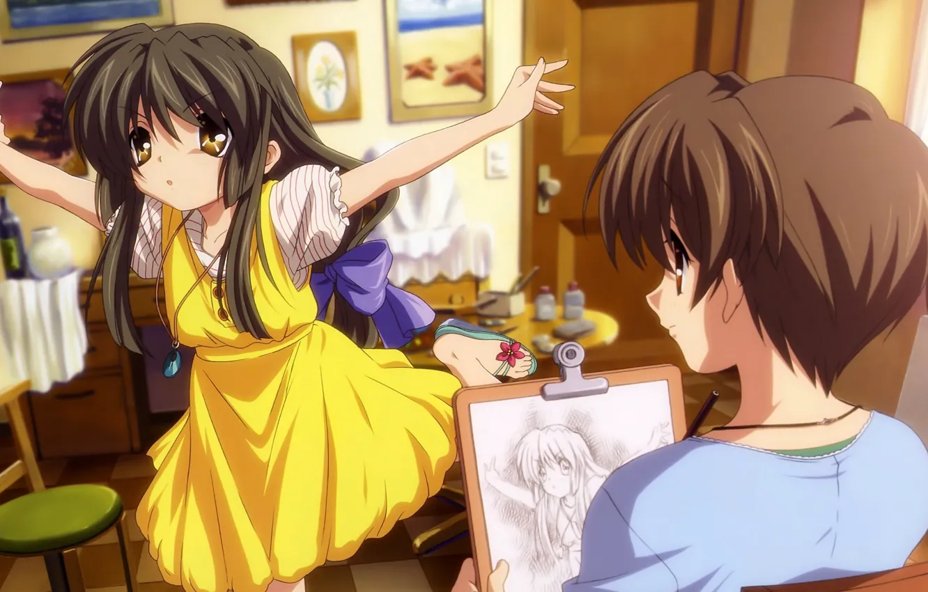 Photo wallpaper pose, model, anime, artist, long hair, draws, Slippers