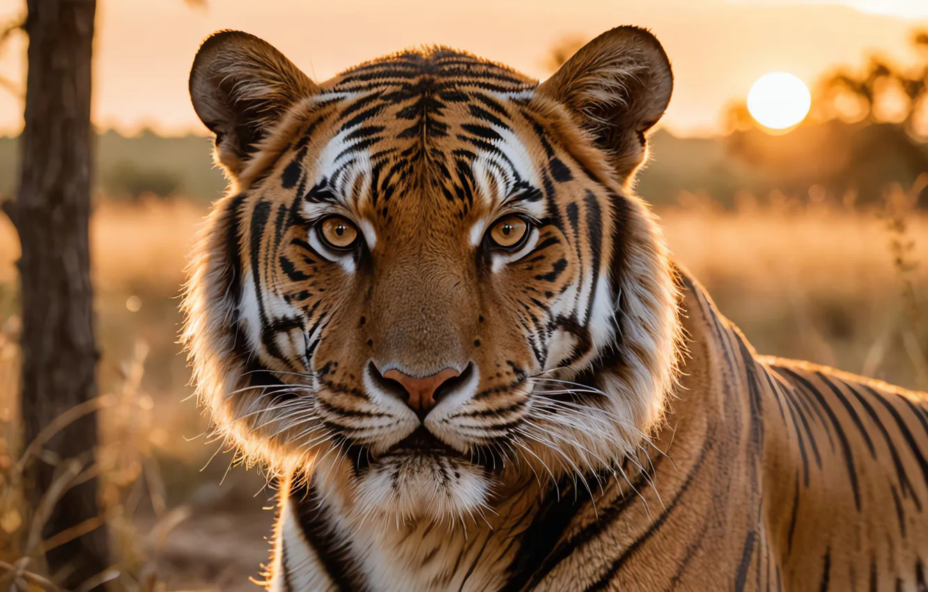 Photo wallpaper field, look, face, the sun, trees, sunset, nature, tiger