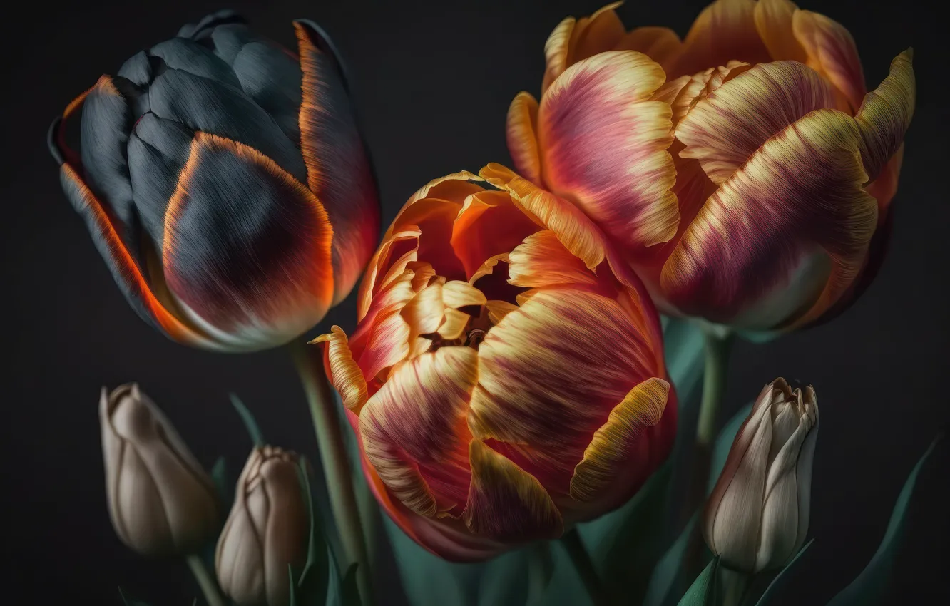 Photo wallpaper leaves, flowers, dark, tulips, still life, flowers, floral, background