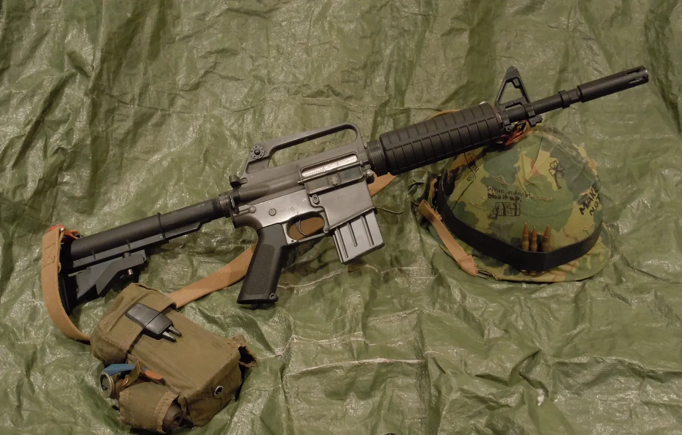 Photo wallpaper weapons, rifle, helmet, M16, assault