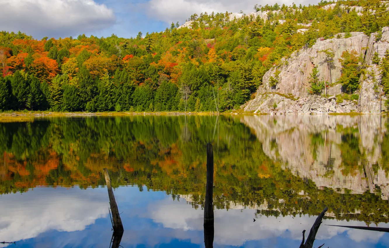 Photo wallpaper autumn, the sky, clouds, trees, lake, rocks